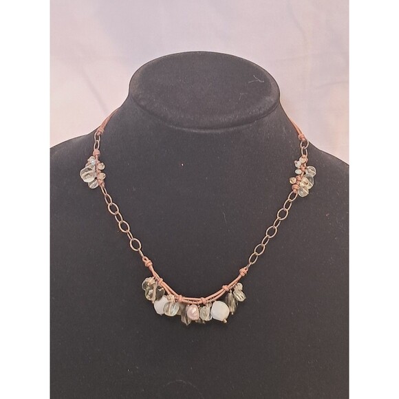 Peyote Bird Green Gray Silver Gemstone Bead Mix Wax Cord Chain Necklace 17" NWT - Picture 1 of 10